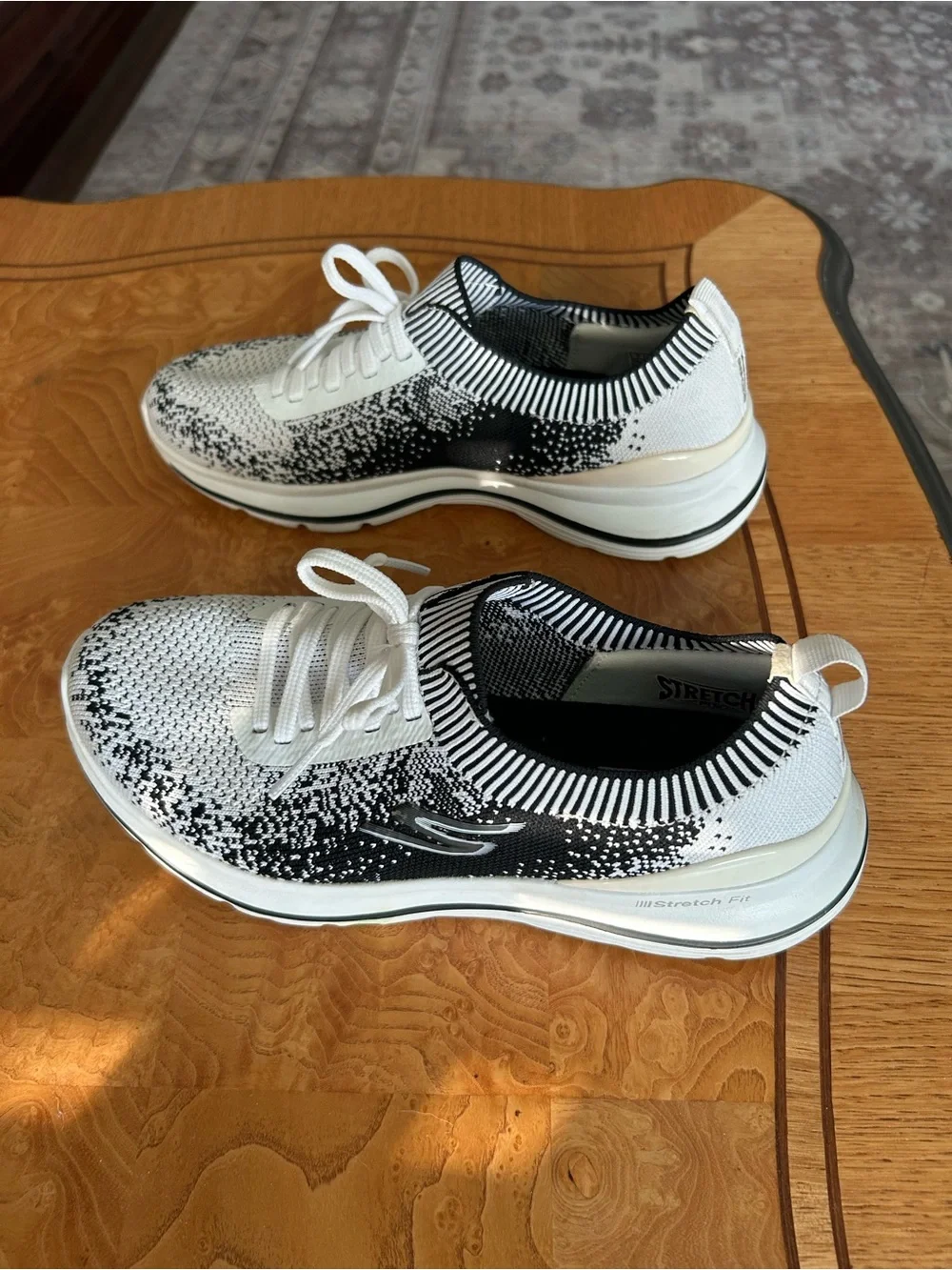 Skechers Women’s White and Black Knit Lace-Up Slip-On Sneakers